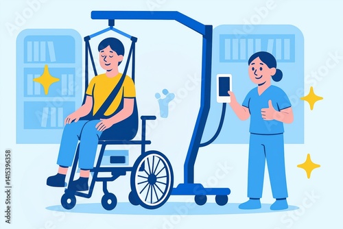 A Disabled Patient Lifted From a Wheelchair. Patient Lift Device Operated by a Rehabilitation Specialist. Nurse Assistance. Physiotherapy Session. Supportive Harness. Rehabilitation. Flat Illustration