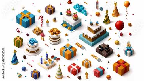 A vibrant celebration scene filled with colorful gifts delicious cakes party hats and balloons perfect for birthdays or festive occasions rendered in isometric 3D style with bright cheerful