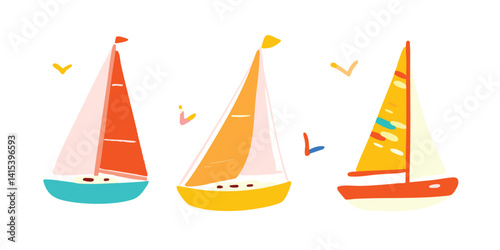 Sailing vessels in an aesthetic illustration style dance across the bright sea, painted with a whimsical flair. Three vibrant sailboats, sailing harmoniously, capture the essence of a fun.