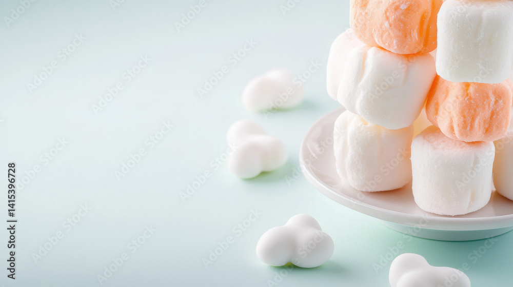 A delightful stack of fluffy hmallows in pastel colors are placed on a small plate creating a sweet treat against a soft and pleasing light blue background. A delightful stack of fluffy hmallows in pastel colors are placed on a small plate creating a sweet treat against a soft and pleasing light blue background.