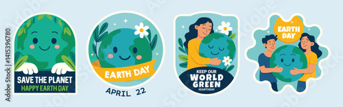 Earth Day Sticker Set with Cute Planet Characters and People Hugging Earth, Eco-Friendly Design for April 22 Celebration and Environmental Protection
