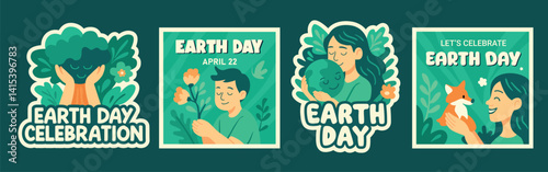 Earth Day Celebration Cartoon Set Featuring People Hugging Nature and Animals, Awareness and April 22 Environmental Campaigns