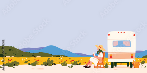 A serene scene captures a person immersed in a moment of peaceful relaxation beside a vintage camper van in the beautiful landscape.