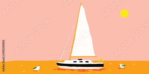 A vibrant illustration of a sailboat sailing smoothly in the sea during sunny weather, seagulls are flying. Evoking a sense of peace, tranquility, and the freedom of open waters.