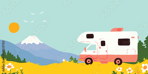 An inviting illustration of a camper van parked idyllically amidst a vibrant summer landscape, promising adventure and freedom under the warm sun. 