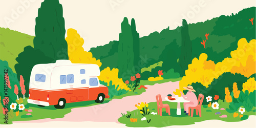 A vibrant illustration captures a leisurely vacation scene, complete with a retro camper van parked on a scenic road, a character enjoying a meal in front of a beautiful green landscape.