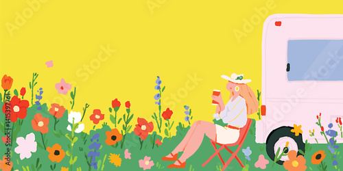 A woman takes a leisurely break, savoring a beverage, relaxing by her camper amidst a vibrant array of wildflowers. The scene conveys a sense of escape, relaxation, and enjoyment of the outdoors.