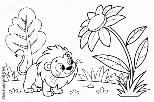cute lion and big flower coloring page for kids, colorless, uncolored, black and white