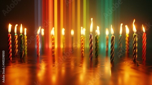 Festive birthday candles glowing brightly against a vibrant rainbow backdrop creating a magical and celebratory atmosphere with warm golden light and reflections on a dark surface