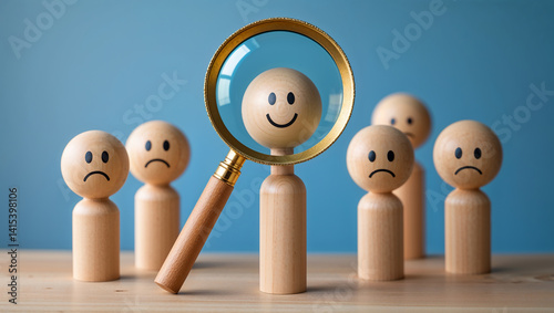 Magnifying glass focusing on happy employee among unhappy employees in customer service or hr department