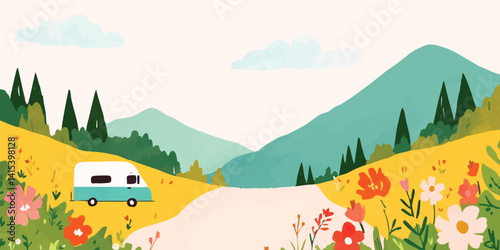 An inviting cartoon-style illustration depicts a scenic route, meandering through lush valleys toward distant peaks. A travel van guides along a path in front of a vivid floral expanse.