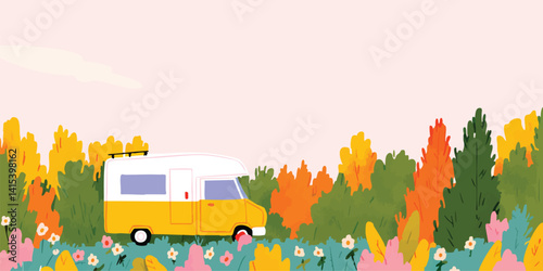 A vibrant and charming illustration of a campervan amidst a colorful forest, inviting viewers to imagine an adventure in nature and a journey of freedom.