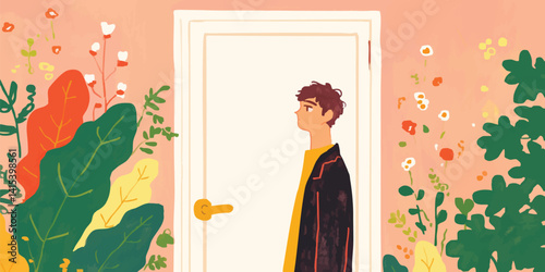 A young man stands hesitantly at a door, his expression contemplative, surrounded by vibrant floral and foliage. He is contemplating his next move.
