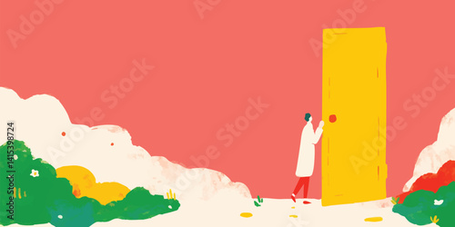 An illustrative rendering shows a scientist, pushing the door of scientific breakthroughs. Exploring new frontiers.