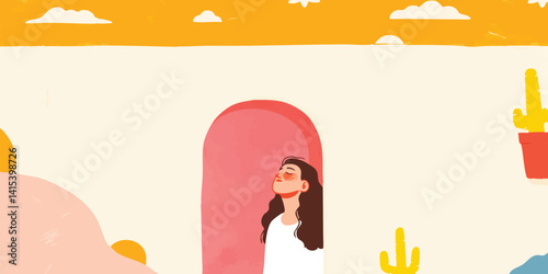 Woman gazes skyward,  standing in arched doorway, desert landscape, joyful expression. 