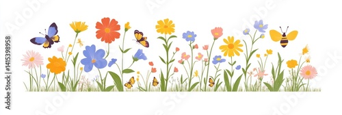 Colorful Floral Border with Butterflies and Bees