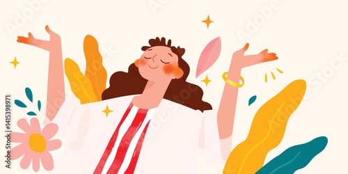 A vibrant, colorful illustration depicting a woman in a state of pure bliss, her arms outstretched as if embracing the world. The scene is awash with cheerful foliage.