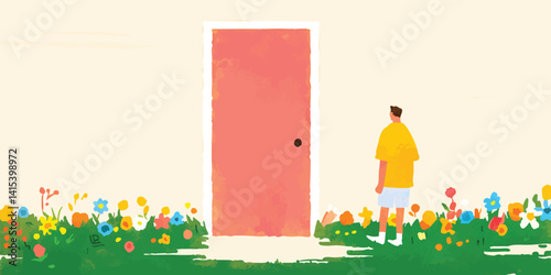 A person stands before a closed door, the world is filled with colorful flowers, evoking a sense of mystery and opportunity.