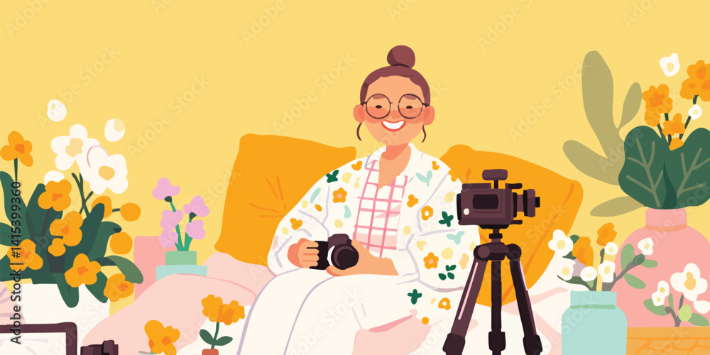 Naklejka premium A female photographer sitting comfortably in a cozy space, surrounded by the equipment of her trade and some flower. a cheerful and inviting depiction of creativity and artistry.