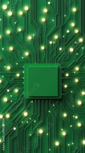 A vibrant green 3D illustrated power circuit board features a central processor surrounded by illuminated pathways and glowing nodes in a flat art style icon design perfect for