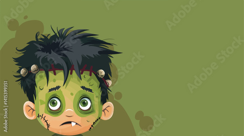 Adorable Child Wearing Frankenstein Costume Head Vector Illustration