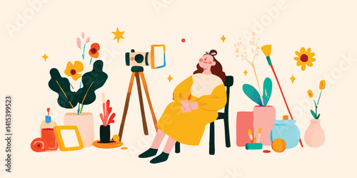 An artist relaxed in her creative space, a colorful illustration of a woman, surrounded by her tools, embraces the vibrant world of art and creativity.