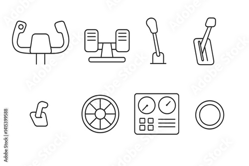 outline vector icons of airplane controls: yoke, rudder pedal, throttle lever, flap control, brake switch, trim wheel, avionics panel, engine start. set of line style icons in a modern, minimalist