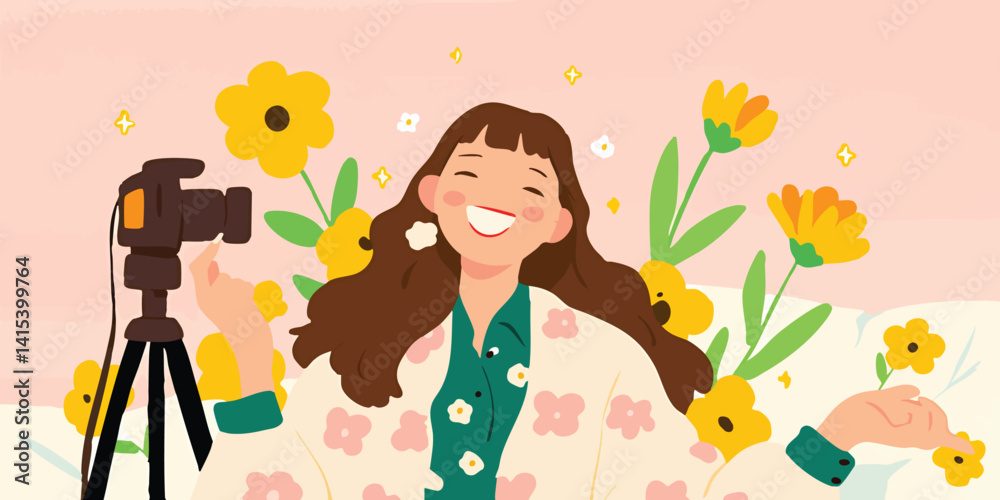 A cheerful woman with camera is smiling radiantly, surrounded by the vivid beauty of floral elements. Capturing a blend of joy and natural splendor. A cheerful woman with camera is smiling radiantly, surrounded by the vivid beauty of floral elements. Capturing a blend of joy and natural splendor.