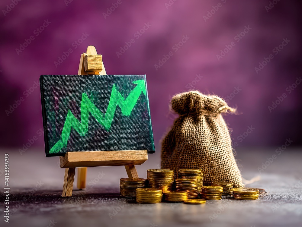 A miniature canvas displaying a rising graph stands before a burlap sack and a stack of gold coins, symbolizing financial growth and investment