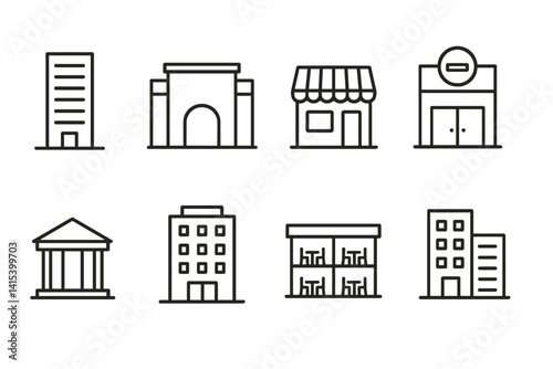 outline vector icons of commercial buildings: office tower, shopping mall, retail store, supermarket, bank building, hotel, co-working space, business center. set of line style icons in a modern,