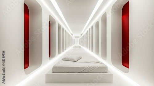 Minimalist White Corridor with Red Accents and Bed