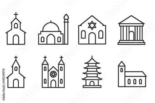 outline vector icons of religious buildings: church, mosque, synagogue, temple, chapel, cathedral, pagoda, monastery. set of line style icons in a modern, minimalist design.