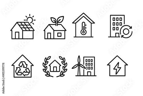 outline vector icons of eco-buildings: solar-paneled home, green rooftop, passive house, net-zero building, recycled material icon, LEED certified icon, wind-powered building, energy-efficient