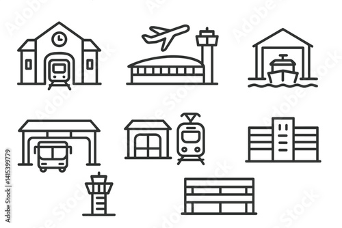 outline vector icons of baby transportation: stroller, baby car seat, carrier wrap, baby swing, bike seat, travel crib, sling, baby backpack. set of line style icons in a modern, minimalist design.