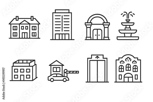 outline vector icons of luxury buildings: mansion icon, luxury condo, grand entryway, fountain front, rooftop pool, valet gate, exclusive elevator, decorative façade. set of line style icons in a