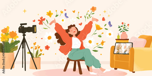 A happy woman contentedly enjoys a moment of creativity and expression, while in a space filled with joy, imagination, and creative activity. She sits on a wooden stool, her arms raised in excitement.