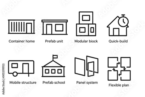 outline vector icons of modern buildings: glass skyscraper, smart house, modular home, cube building, eco-friendly tower, minimalist villa, transparent structure, futuristic dome. set of line style