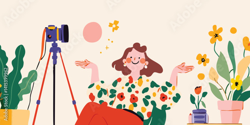A joyful woman with a warm, friendly smile, surrounded by blooming flowers, enjoys her photography hobby, a creative and fulfilling pastime.