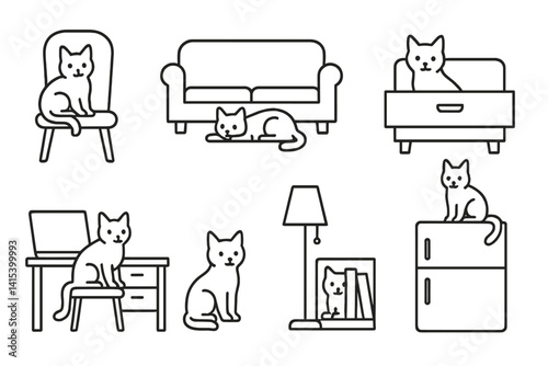 outline vector icons of cats and furniture: cat on chair, cat under couch, cat scratching sofa, cat in drawer, cat on desk, cat near lamp, cat on bookshelf, cat on fridge. set of line style icons in