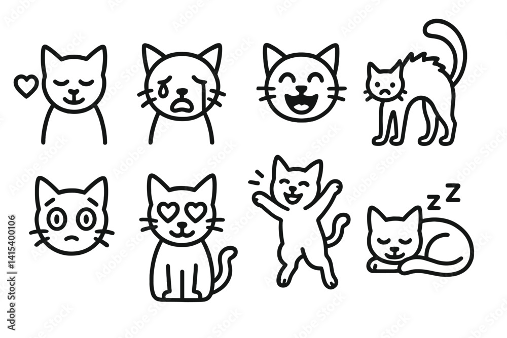 Obraz premium outline vector icons of cat emotions: curious cat, annoyed cat, scared cat, proud cat, playful mood, relaxed cat, focused stare, anxious pose. set of line style icons in a modern, minimalist design.