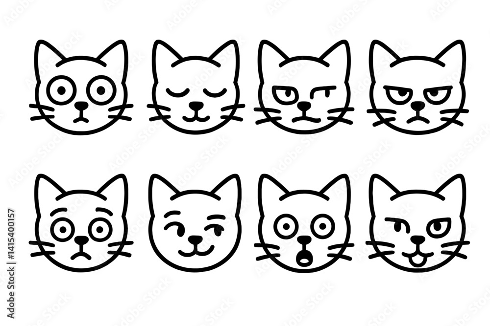 Fototapeta premium outline vector icons of stray cats: alley cat, sitting on trash can, torn ear, hungry expression, sleeping on sidewalk, rainy cat, narrow eyes, looking around. set of line style icons in a modern,