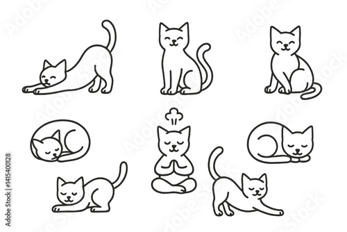 outline vector icons of yoga cats: stretch pose, upward cat, twisted paw pose, peaceful nap, breath icon, curled position, zen face, balanced tail. set of line style icons in a modern, minimalist