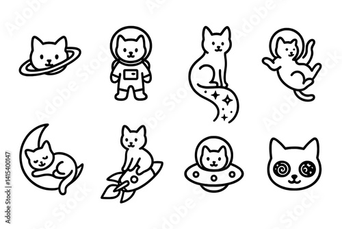 outline vector icons of cats and planets: space cat, astronaut suit, starry tail, floating pose, moon nap, rocket cat, UFO with cat, galaxy eyes. set of line style icons in a modern, minimalist