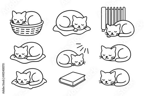 outline vector icons of sun with animals: sun and bird, cat sleeping in sun, lizard on rock, sun with butterfly, eagle flying with rays, farm in sun, sun and fish, dog on grass in light. set of line