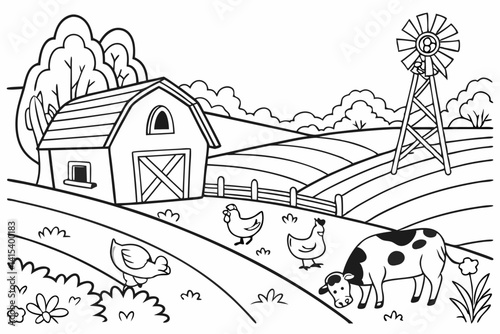 Farm animals and rural landscape coloring raster, colorless, uncolored, black and white