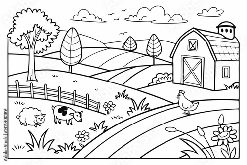 Farm animals and rural landscape coloring raster, colorless, uncolored, black and white