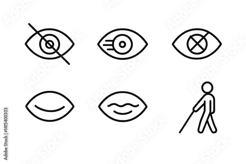 outline vector icons of blindness and impairment: eye with slash, low vision icon, eye crossed out, partially open eye, closed eyelid, foggy view, white pupil, eye cane. set of line style icons in a
