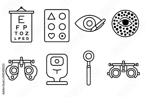 outline vector icons of vision and sight: eyeglasses, contact lens, magnifying glass, eye chart, vision test, clear vision, blurry vision, binoculars., set of line style icons in a modern, minimalist