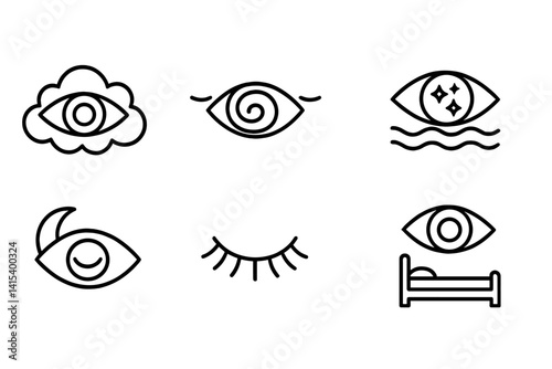 outline vector icons of dreamlike eyes: eye in clouds, sleepy swirl, stars in pupil, floating gaze, eye and moon, dreamy lashes, abstract dream eye, eye above bed. ine style icons in a modern,