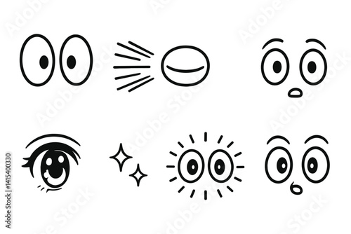 outline vector icons of cartoon cats: big eyes, exaggerated whiskers, round face, chubby cheeks, smiling mouth, animated tail, comic paws, outlined ears. set of line style icons in a modern,
